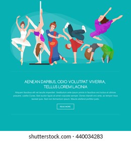 Dancing People young man and woman Dancer Bachata Hiphop, Salsa, Indian Ballet Strip, Rock and Roll Break, Flamenco Tango Contemporary Belly Pictogram Dance style concept for studio class banner flyer