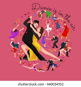 Dancing People young man and woman Dancer Bachata Hiphop, Salsa, Indian Ballet Strip, Rock and Roll Break, Flamenco Tango Contemporary Belly Pictogram Dance style concept for studio class banner flyer