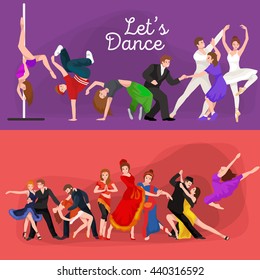 Dancing People young man and woman Dancer Bachata Hiphop, Salsa, Indian Ballet Strip, Rock and Roll Break, Flamenco Tango Contemporary Belly Pictogram Dance style concept for studio class banner flyer