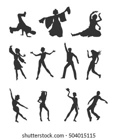 Dancing peoples. Men and women characters in modern and national clothes in different poses vector illustrations set isolated on white background. For app icons, logo, infographics, web design