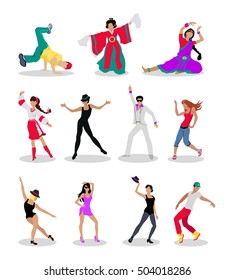 Dancing peoples. Men and women characters in modern and national clothes in different poses vector illustrations set isolated on white background. For app icons, logo, infographics, web design