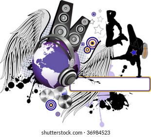 Dancing peoples with wings and Globe. All elements and textures are individual objects. Vector illustration scale to any size.