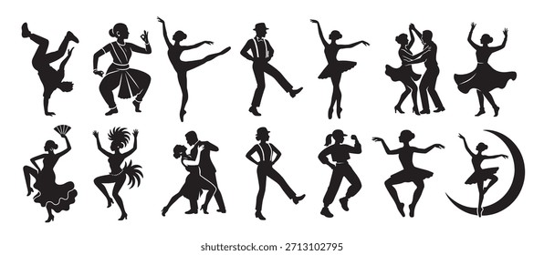 dancing person or dance couple black silhouette design set