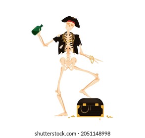 Dancing pirate skeleton on treasure chest. Dead corsair in decayed clothes with bottle of rum stands happily on looted vector gold.