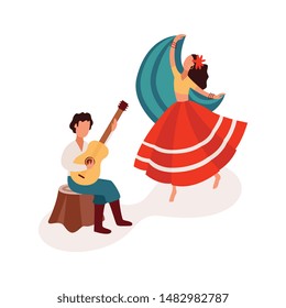 Dancing and playing guitar gypsy couple dressed in ethnic wear, flat cartoon vector illustration isolated on white background. Gypsy culture and people diversity concept.