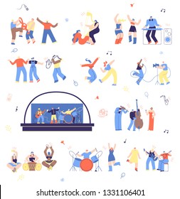 Dancing and Playing on Musical Instruments People Flat Vector Set Isolated White Background. Ethnic Musical Band, Touring Rock, Jazz Musicians, Open Air Live Concept, Festival Illustration Collection