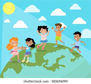 Dancing And Playing On Planet Earth Surface Kids. Happy Little Girls And Boys Enjoying Bright Sun Flat Vector. Children Of All Races Illustration For Peace And Environment Protection Concepts