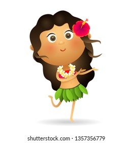 Dancing positive Hawaiian woman. Girl with flower in hair enjoying traditional Hawaiian dance. Can be used for topics like culture, party, traveling