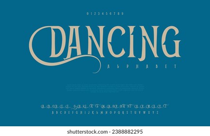 Dancing premium luxury elegant alphabet letters and numbers. Elegant wedding typography classic serif font decorative vintage retro. Creative vector illustration