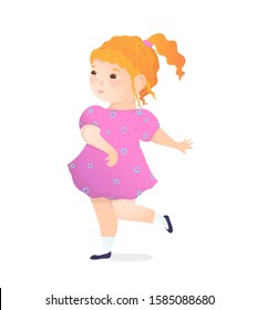 Dancing Preschooler redhead Girl wearing cute pink dress.Kids hand drawn cartoon of little baby blonde doll dancing joyfully. Vector isolated clip art illustration.