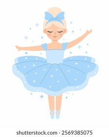 Dancing princess ballerina in a blue dress. Flat vector illustration.