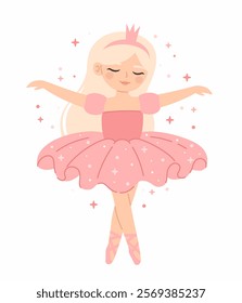 Dancing princess ballerina in a pink dress. Flat vector illustration.