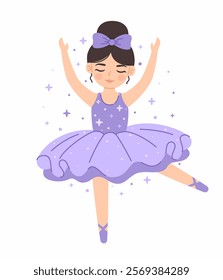 Dancing princess ballerina in a purple dress. Flat vector illustration.