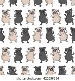 Dancing pugs. Seamless vector pattern with funny dogs.