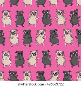 Dancing pugs. Seamless vector pattern with funny dogs.