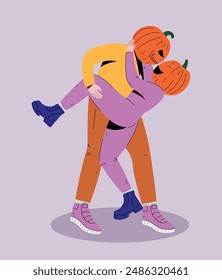 Pareja de cabezas de calabaza bailando. Disfraces de fiesta de Halloween. Jack O Lantern. Juguetón y peculiar, perfecto para tarjetas de felicitación, carteles y redes sociales. Diseño plano moderno.