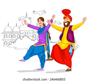 Dancing Punjabi couple of India in vector