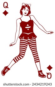 Dancing Queen of Diamonds. Showgirl. Vector cliparts isolated on white.