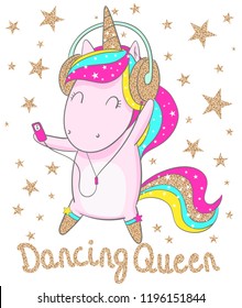 Dancing queen.Cute little pink magical unicorn with stars. Vector design on white background. Print for t-shirt. Romantic hand drawing illustration for children.