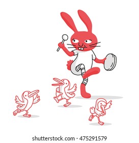 A dancing rabbit is playing the tambourine and three little birds dance with him.