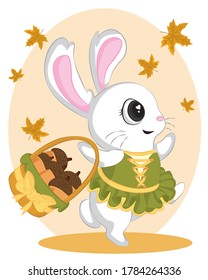 Dancing rabbits in autumn brings baskets with walnuts.  little bunny with autumn leaves