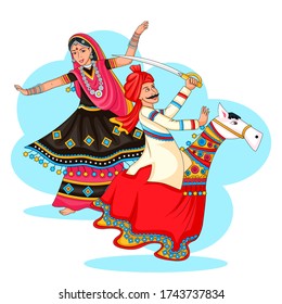 Una pareja bailarina rajasthani bailando Ghoomer Kachhi bailando ghodi desde Rajastán de la India en un vector