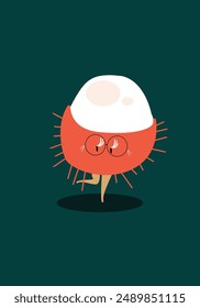 Una fruta de rambután bailando sobre un fondo verde oscuro