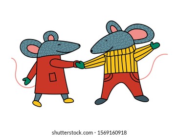 Dancing rats. Cartoon. Isolated elements. Vector illustration. Doodle character design. Hand drawn illustration. Colorful.