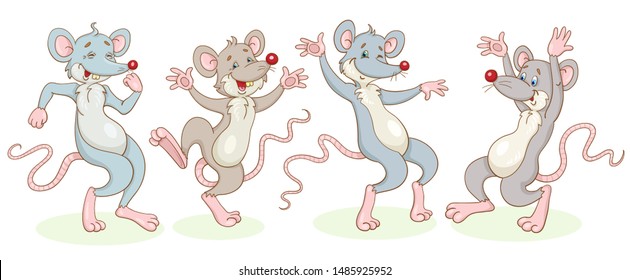 Dancing rats. Four funny gray rats are symbols of the new year. In cartoon style. Isolated on a white background. Vector illustration.