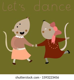 Сute dancing rats . Funny hand drawn  vector  illustration for Christmas and New Year printing on the mug, posters, gift tags and labels.