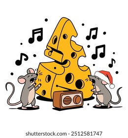 Dancing Rats Under Cheese Christmas Tree Cartoon Illustration