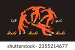 Dancing red devils walking around. Demon, devil or satan with horns and hoofs. Fire, hell yeah text. Hand drawn Vector illustration. Pre made print or card. Halloween, spooky, horror, mystery concept