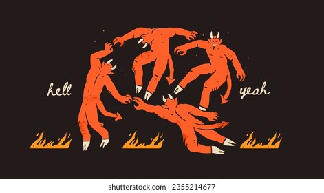 Dancing red devils walking around. Demon, devil or satan with horns and hoofs. Fire, hell yeah text. Hand drawn Vector illustration. Pre made print or card. Halloween, spooky, horror, mystery concept