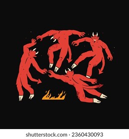 Dancing red devils walking around. Demon, devil or satan with horns and hoofs. Hand drawn Vector illustration. Print, logo, template, tattoo idea. Halloween, spooky, horror, mystery concept