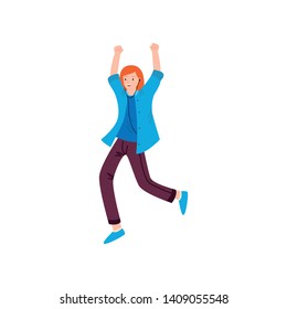 Dancing red hair girl in blue jacket with hands up