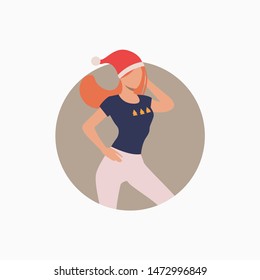 Dancing red haired girl in Santa hat. Woman enjoying Christmas party. Holiday concept. Vector illustration can be used for topics like New Year, Xmas, office party