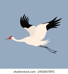 Dancing red-crowned crane. Cute bird illustration. Vector illustration for prints, clothing, packaging, stickers.