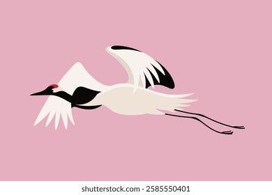 Dancing red-crowned crane. Cute bird illustration. Vector illustration for prints, clothing, packaging, stickers.