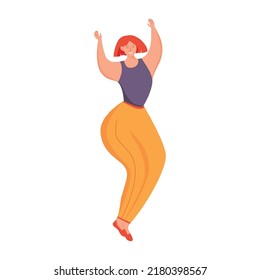 Dancing redhead woman semi flat color vector character. Party. Posing figure. Full body person on white. Good mood simple cartoon style illustration for web graphic design and animation