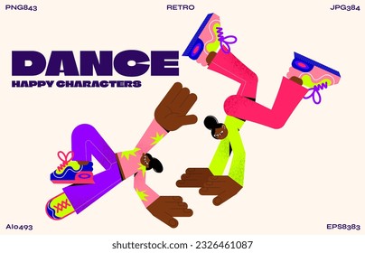 Personajes de dibujos animados retro bailando al estilo de los años 90. Los adolescentes juegan con un estilo hippie deslumbrante. Afiche de ácido musical