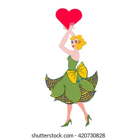 dancing retro girl.Blonde girl have fun.dress with flowers.hand drawn.color.girl with heart