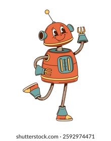 Dancing robot and android groovy funny character. Alien humanoid droid 70s retro cute mascot, chatbot cyborg android isolated vector vintage personage. Artificial intelligence robot cartoon character