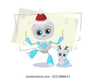 Dancing robot and robotic dog in Santa hats. Technology, toy, Christmas. Can be used for topics like holiday, cybernetics, artificial intelligence