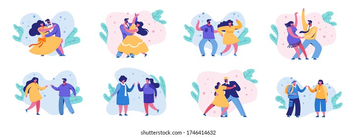 Dancing romantic people set. Fashionable man suit woman in vector yellow dress together incendiary dancing tango ball, in salsa restaurant guy girl at party two women in club.