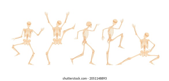 Dancing and running skeletons. Dead people are jumping merrily and standing on their hands creepy abstract dial made of vector bone figures.