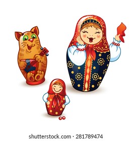 Dancing Russian Dolls Matrioshka and  balalaika.
Russian nested dolls. Babushka dolls. Russian Souvenir, present.
