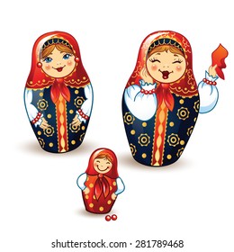 Dancing Russian Dolls Matrioshka. 
Russian nested dolls. Babushka dolls. Russian Souvenir, present.