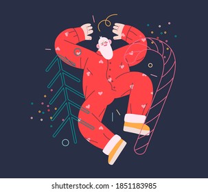 Dancing Santa - fiesta de Navidad y Año Nuevo - moderna ilustración de concepto de vector plano de alegre Santa Claus bailando usando pijamas