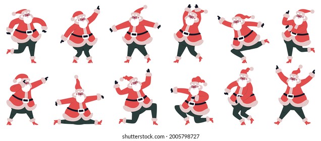 Dancing Santa Claus. Funny cartoon Santa Claus dancing and jumping characters vector illustration set. Cute dancing Santa mascot. Christmas santa claus happy dance and celebration