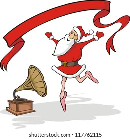 dancing santa claus, gramophone and banner